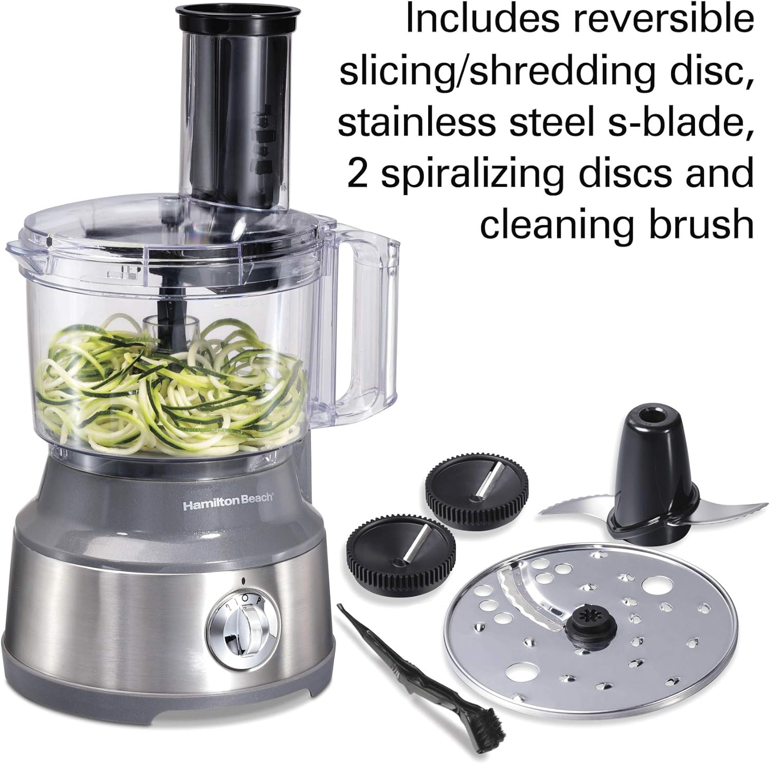 Hamilton Beach Food Processor & Vegetable Chopper for Slicing, Shredding, Mincing, and Puree, 10 Cups + Veggie Spiralizer makes Zoodles and Ribbons, Grey and Stainless Steel (70735)1
