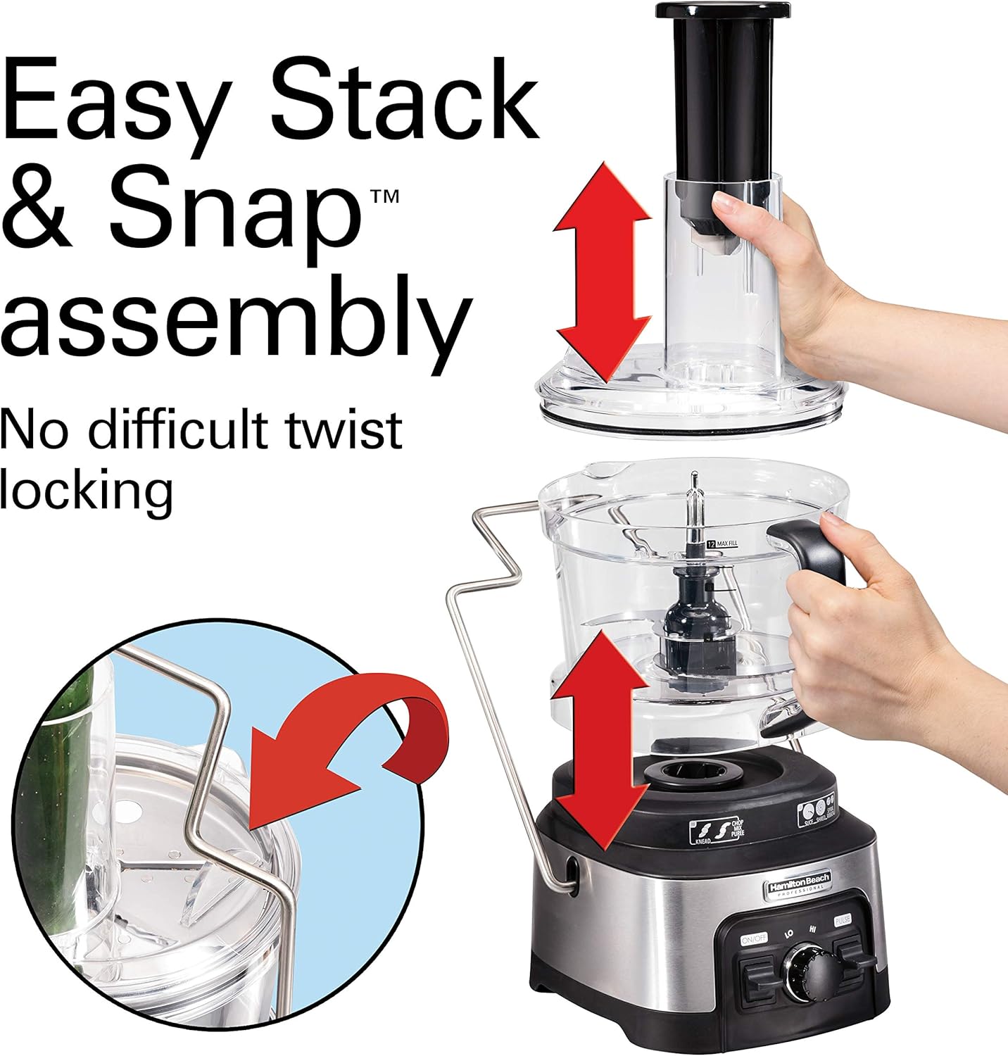 Hamilton Beach Professional Stack & Snap Food Processor & Veggie Spiralizer for Slicing, Shredding and Kneading, Extra-Large 3 Feed Chute Fits Whole Vegetables, 12 Cups, Stainless Steel (70815)6