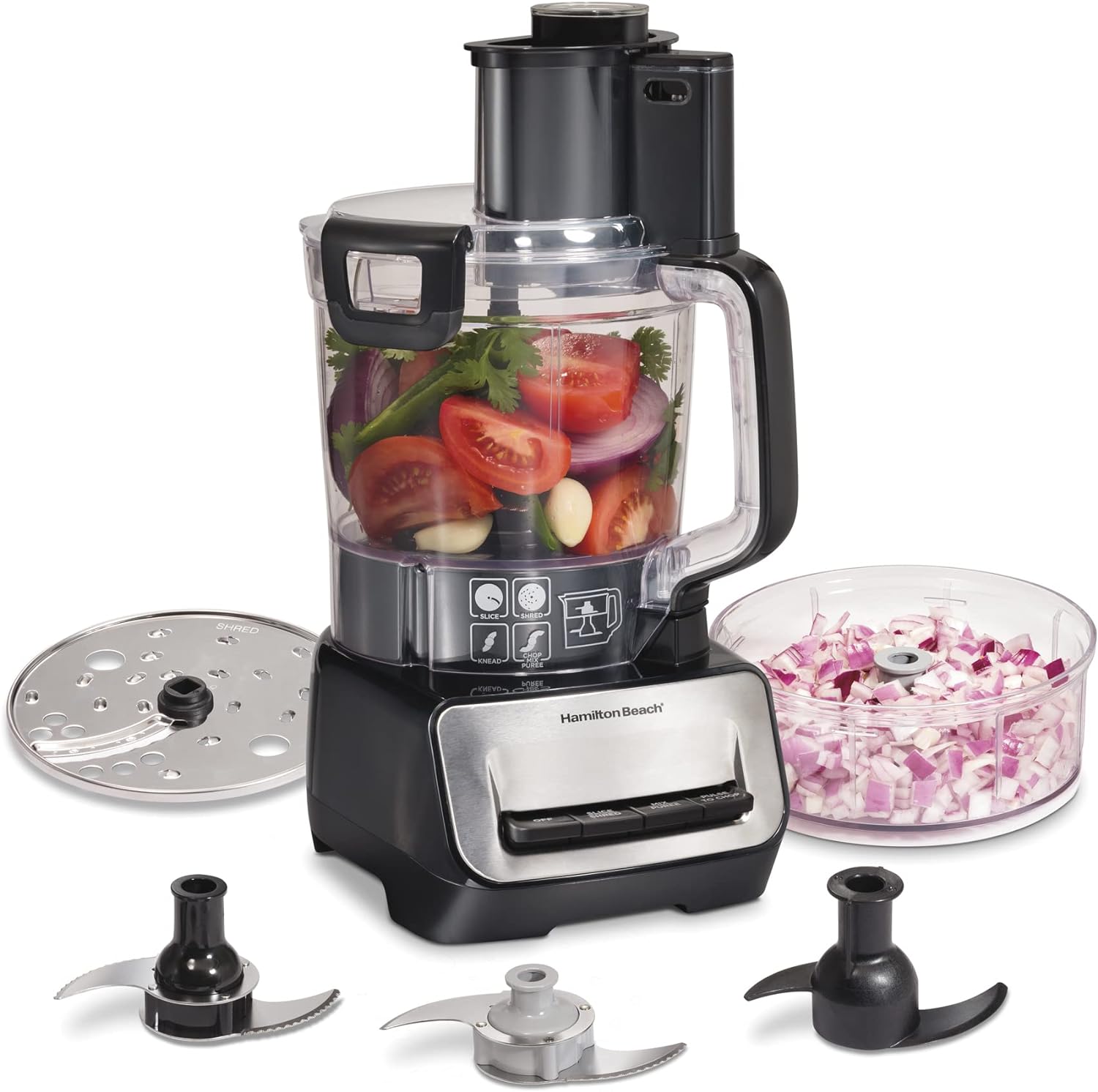 Hamilton Beach Stack & Snap Food Processor and Vegetable Chopper, BPA Free, Stainless Steel Blades, 14 Cup + 4-Cup Mini Bowls, 3-Speed 500 Watt Motor, Black (70585) Hamilton Beach Stack & Snap Food Processor and Vegetable Chopper, BPA Free, Stainless Steel Blades, 14 Cup + 4-Cup Mini Bowls, 3-Speed 500 Watt Motor, Black (70585)