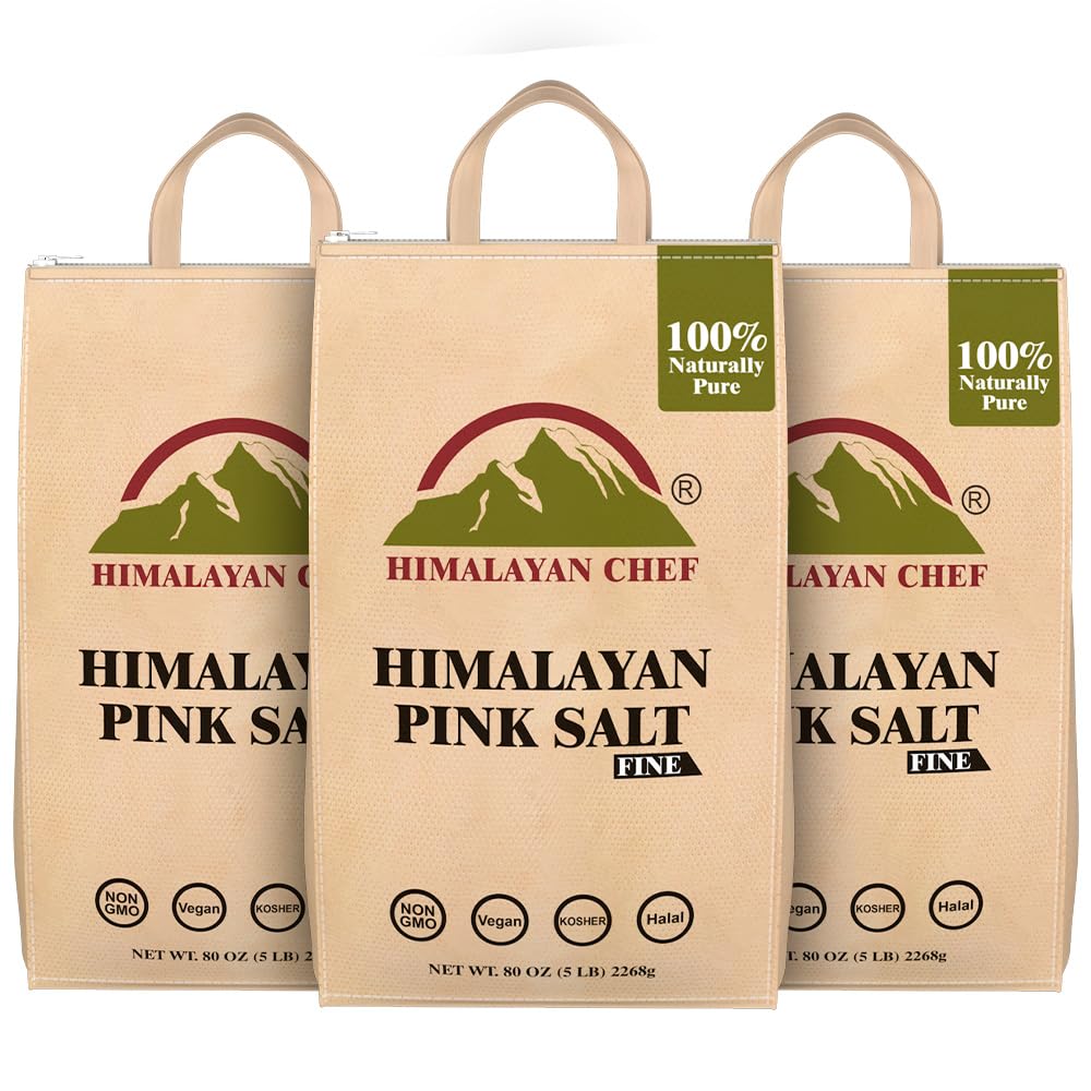 Himalayan Chef Pink Himalayan Salt - 15 lbs. (3 x 5 Pound Bags) Fine Grain, Bulk Bag, Non-GMO, Vegan & Kosher Certified, Food Graded with Rich 84 Minerals Himalayan Chef Pink Himalayan Salt - 15 lbs. (3 x 5 Pound Bags) Fine Grain, Bulk Bag, Non-GMO, Vegan & Kosher Certified, Food Graded with Rich 84 Minerals