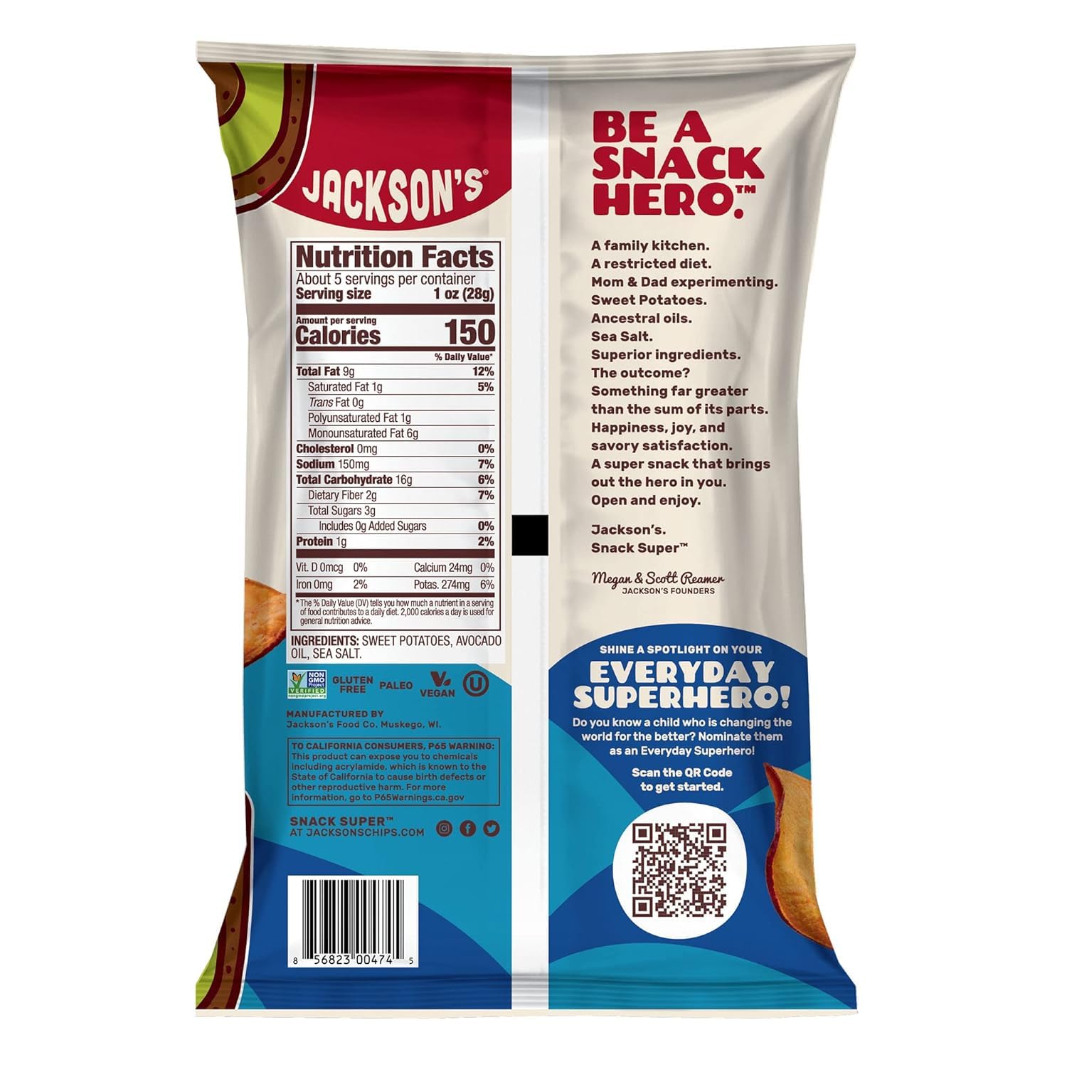 Jackson’s Sweet Potato Kettle Chips with Sea Salt made with Premium Avocado Oil (5 oz, Pack of 7) - Allergen-friendly, Gluten Free, Peanut Free, Vegan, Paleo Friendly - Shark Tank Product4