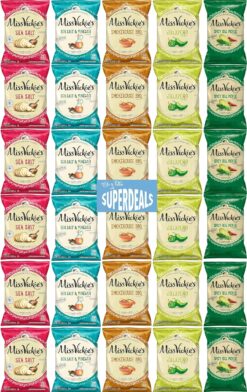 Kettle Cooked Potato Chips by Miss Vickie's Value Pack Bundled by SUPERDEALS | 1.375 Oz Bag | Supreme 5 Flavor Variety Pack includes 6 Sea Salt, 6 Sea Salt & Vinegar, 6 Smokehouse BBQ, 6 Jalapeno, 6 Spicy Dill Pickle | Pack of 30 with mystery bonus gift