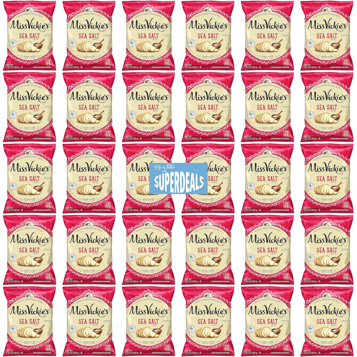 Kettle Cooked Potato Chips by Miss Vickie's Value Pack Bundled by SUPERDEALS 1.375 Oz Bag Sea Salt Original Pack of 30 with mystery gift Kettle Cooked Potato Chips by Miss Vickie's Value Pack Bundled by SUPERDEALS | 1.375 Oz Bag | Sea Salt | Original | Pack of 30 with mystery gift