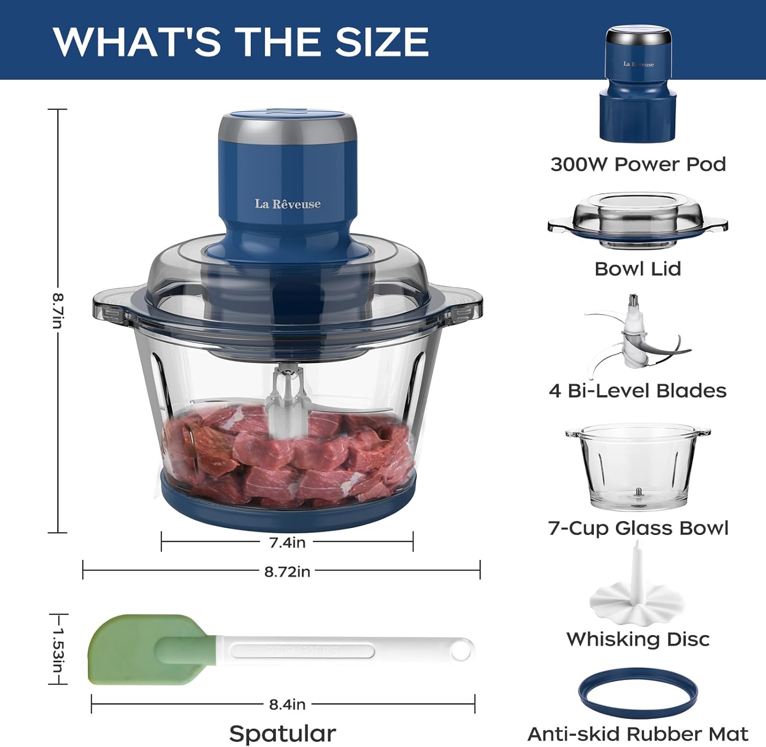 La Reveuse Food Processor,Electric Food Chopper with 7-Cup (1.7L) Glass Bowl, 4 Bi-Level Blades for Chopping,Grinding,Mincing,Whisking,Meal Prep,300W,Blue1