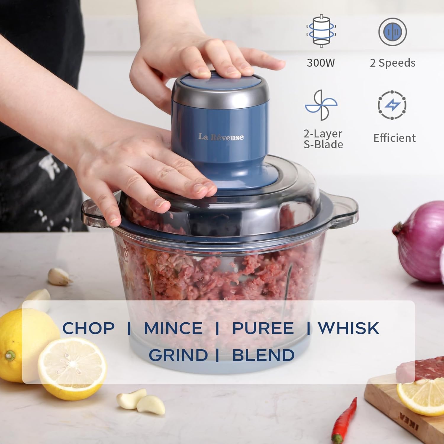 La Reveuse Food Processor,Electric Food Chopper with 7-Cup (1.7L) Glass Bowl, 4 Bi-Level Blades for Chopping,Grinding,Mincing,Whisking,Meal Prep,300W,Blue3