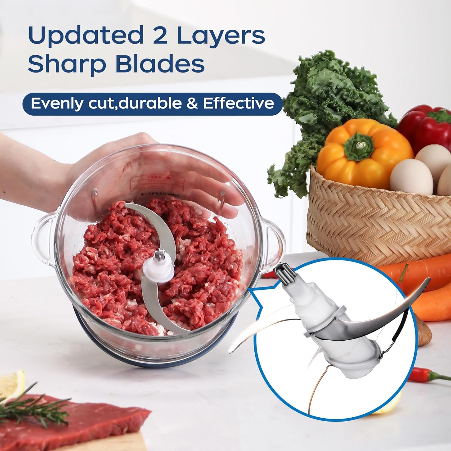 La Reveuse Food Processor,Electric Food Chopper with 7-Cup (1.7L) Glass Bowl, 4 Bi-Level Blades for Chopping,Grinding,Mincing,Whisking,Meal Prep,300W,Blue6