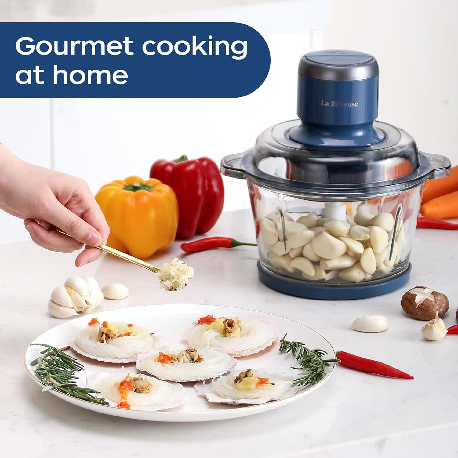 La Reveuse Food Processor,Electric Food Chopper with 7-Cup (1.7L) Glass Bowl, 4 Bi-Level Blades for Chopping,Grinding,Mincing,Whisking,Meal Prep,300W,Blue8