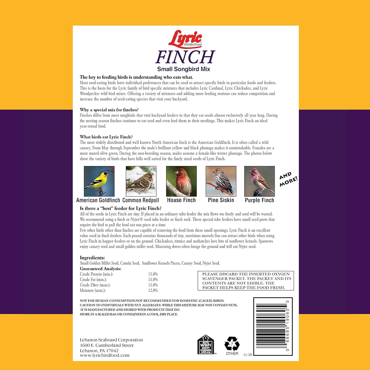 Lyric Finch - Small Songbird Wild Bird Seed - Attracts Goldfinches, House Finches, Purple Finches & More - 20 lb. bag1