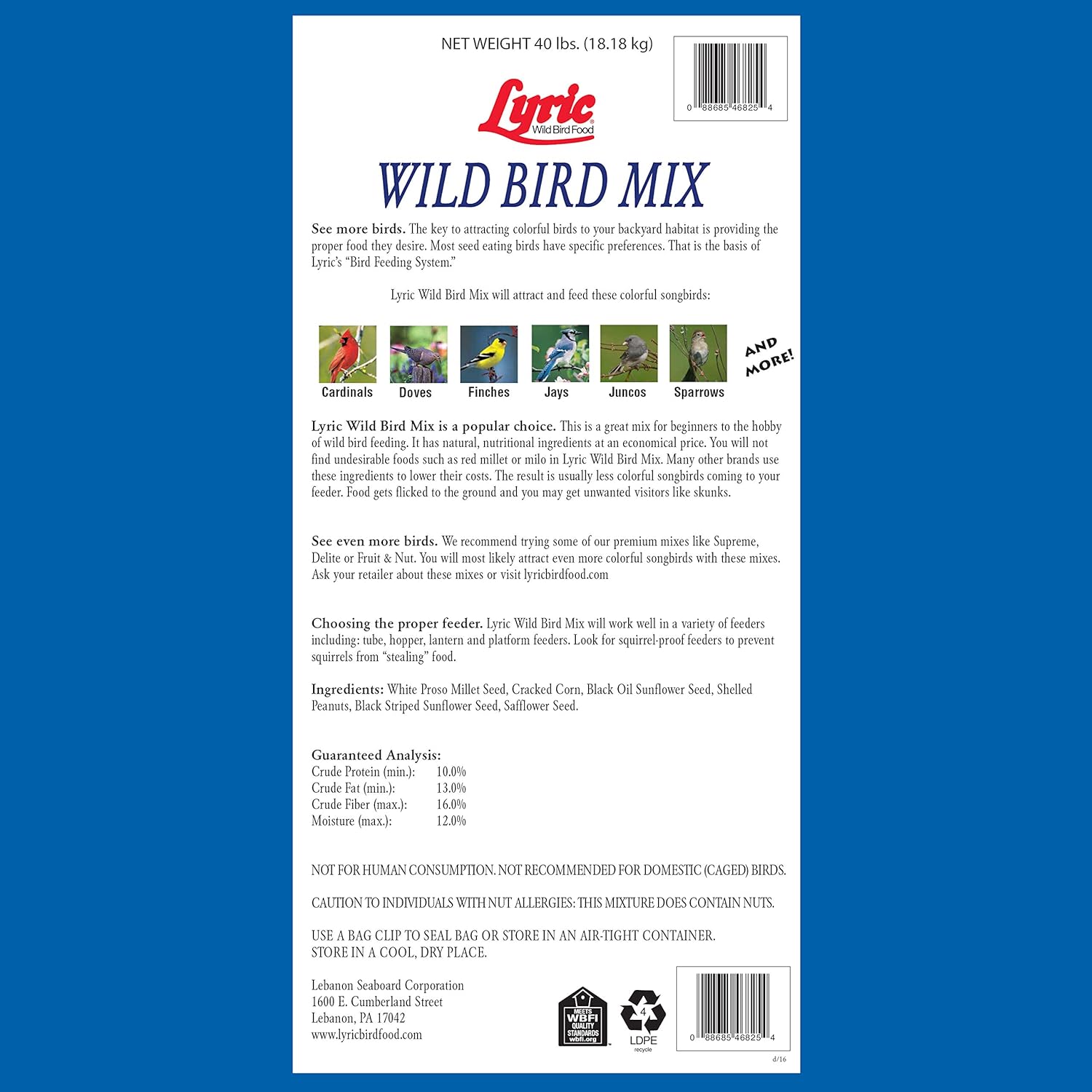 Lyric Wild Bird Mix Bird Seed, Bird Food for Outside Feeders, 40 lb. Bag1