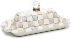 MACKENZIE-CHILDS Enamel Butter Box, Cute Lidded Enamel Butter Dish, Gray-and-White Sterling Check