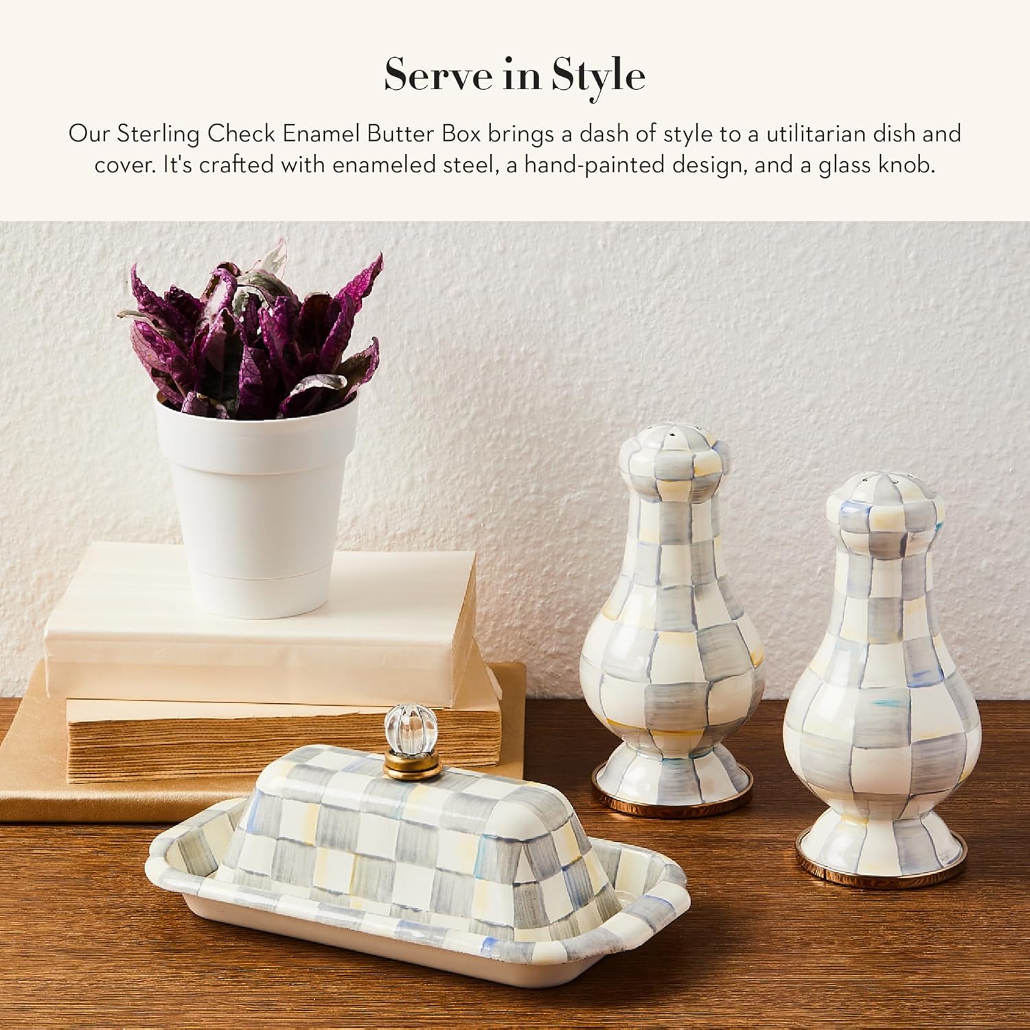 MACKENZIE-CHILDS Enamel Butter Box, Cute Lidded Enamel Butter Dish, Gray-and-White Sterling Check1