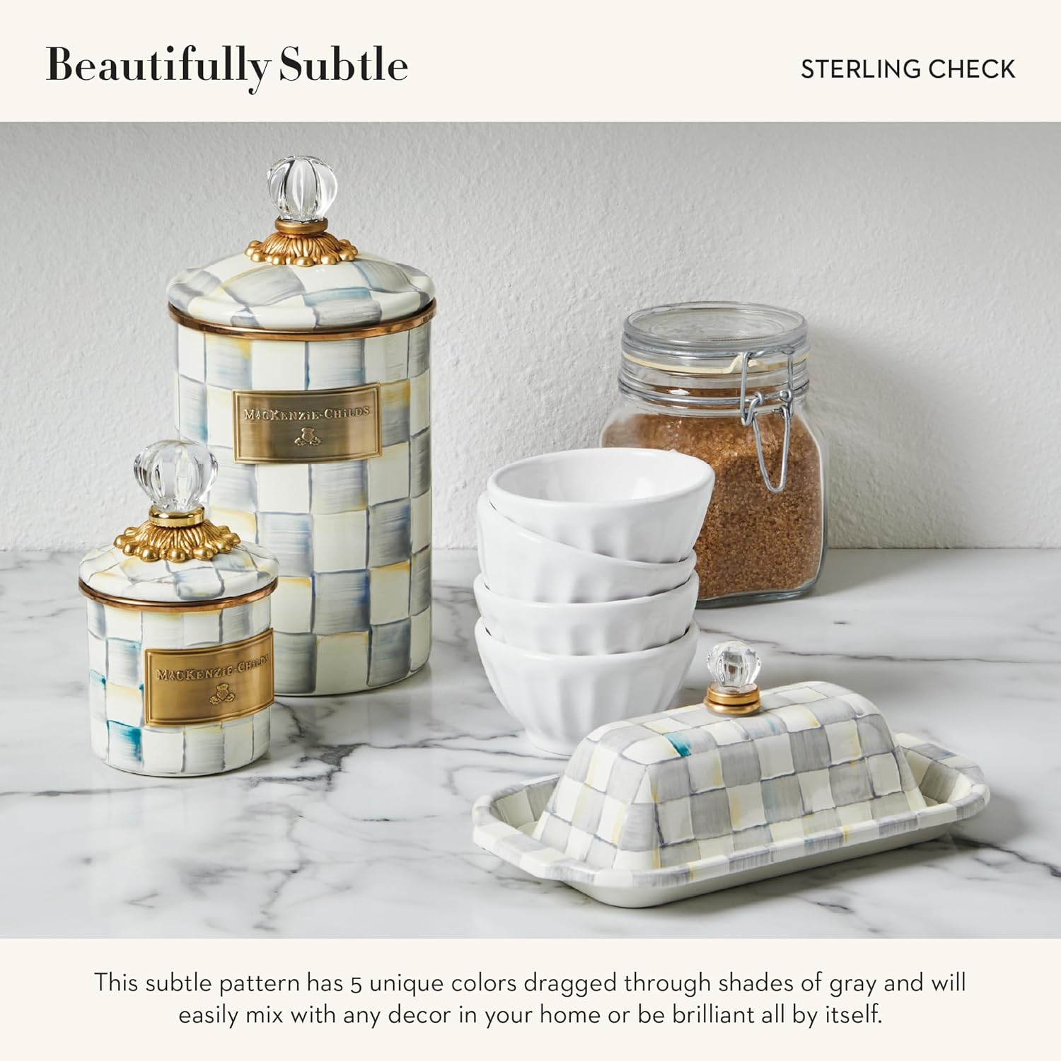 MACKENZIE-CHILDS Enamel Butter Box, Cute Lidded Enamel Butter Dish, Gray-and-White Sterling Check3