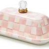 MACKENZIE-CHILDS Enamel Butter Box, Cute Lidded Enamel Butter Dish, Pink-and-White Rosy Check