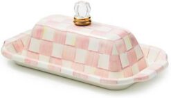 MACKENZIE-CHILDS Enamel Butter Box, Cute Lidded Enamel Butter Dish, Pink-and-White Rosy Check