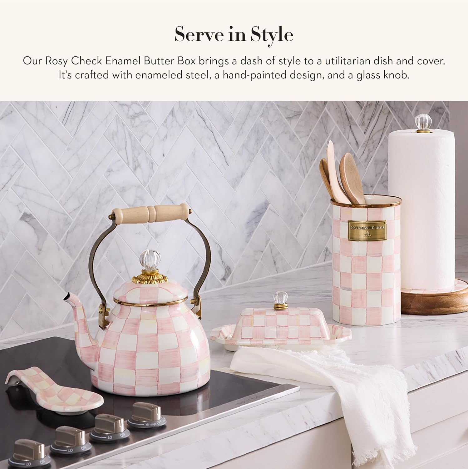 MACKENZIE-CHILDS Enamel Butter Box, Cute Lidded Enamel Butter Dish, Pink-and-White Rosy Check1