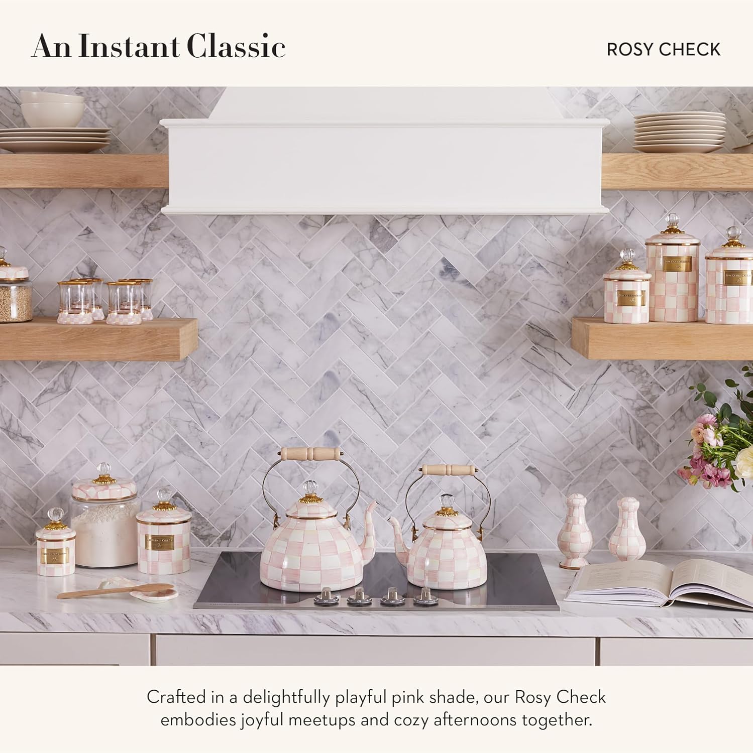 MACKENZIE-CHILDS Enamel Butter Box, Cute Lidded Enamel Butter Dish, Pink-and-White Rosy Check3