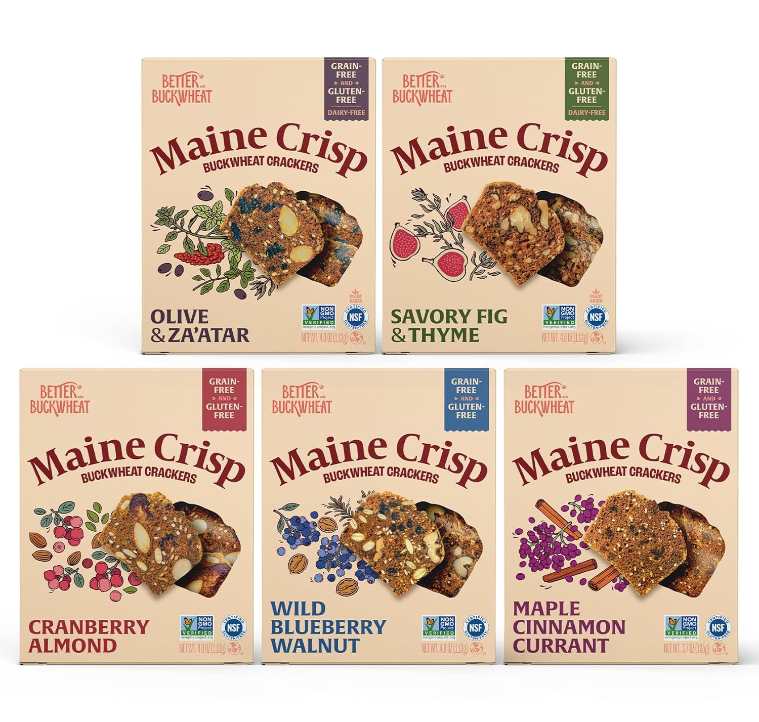 Maine Crisp Variety 5 Pack, Gluten Free Crackers – Snack Crackers, Grain Free, Non-GMO - Cranberry Almond, Cinnamon Maple, Savory Fig & Thyme Maine Crisp Variety 5 Pack, Gluten Free Crackers – Snack Crackers, Grain Free, Non-GMO - Cranberry Almond, Cinnamon Maple, Savory Fig & Thyme, Wild Blueberry Walnut, Olive & Za'atar, For Cheese Boards, Salad Toppings & Jams
