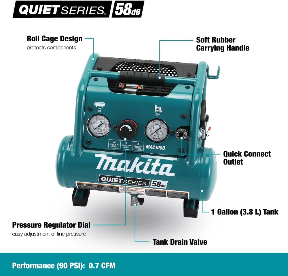 Makita MAC100Q Quiet Series, 1 2 HP, 1 Gallon Compact, Oil-Free, Electric Air Compressor1
