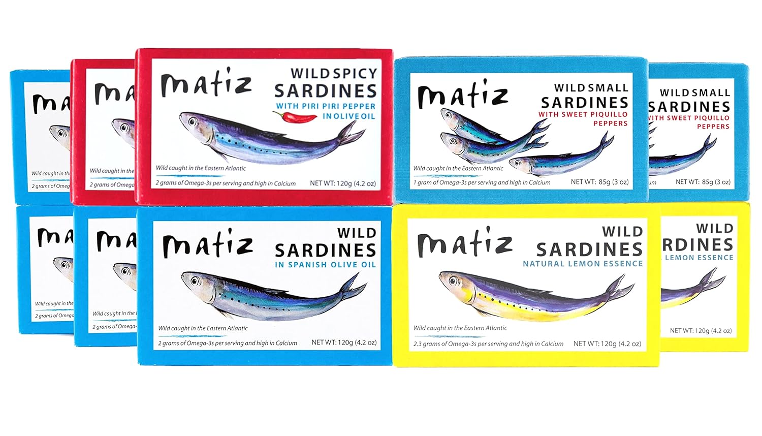 Matiz Sardines Variety Pack, Wild Caught Spanish Waters 10 Tins In Olive Oil, Sweet Piquillo Pepper, Spicy Piri Piri Pepper and Lemon Essence Matiz Sardines Variety Pack, Wild Caught Spanish Waters | 10 Tins | In Olive Oil, Sweet Piquillo Pepper, Spicy Piri Piri Pepper and Lemon Essence