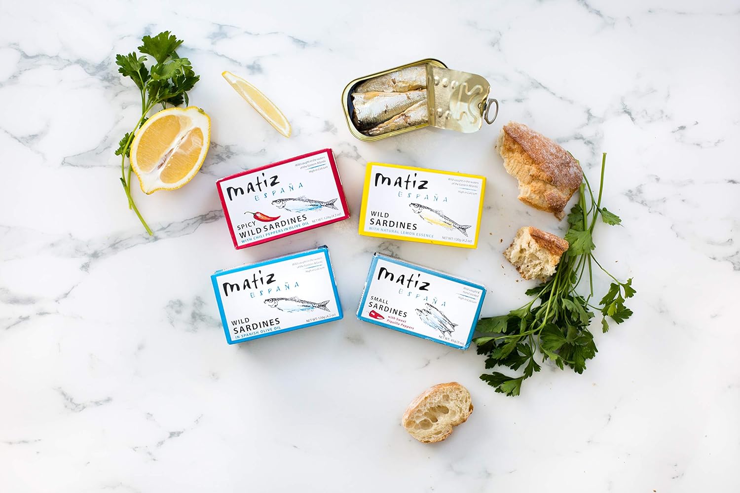 Matiz Sardines Variety Pack, Wild Caught Spanish Waters 10 Tins In Olive Oil, Sweet Piquillo Pepper, Spicy Piri Piri Pepper and Lemon Essence1