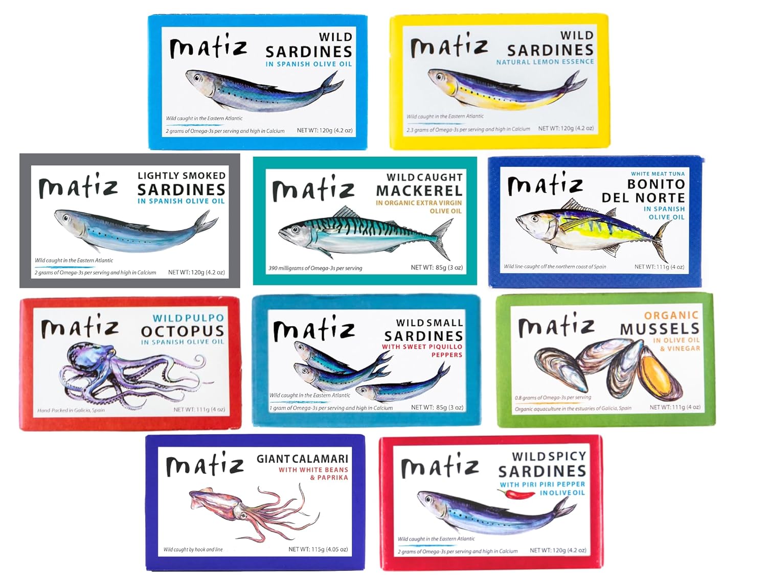 Matiz Seafood Variety Pack Sampler 10 pack, 1 can each of Matiz Seafood Line Matiz Seafood Variety Pack Sampler |10 pack|, 1 can each of Matiz Seafood Line