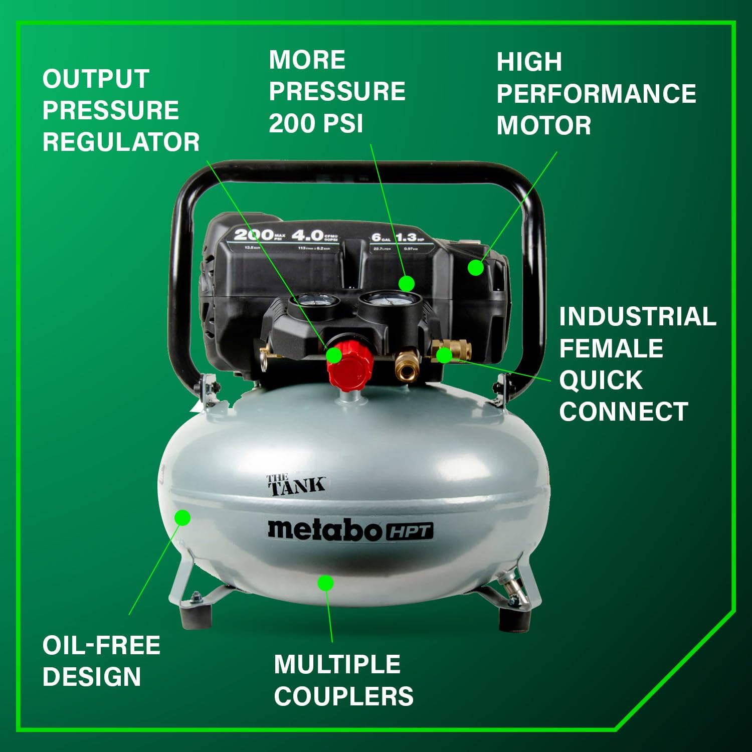 Metabo HPT Air Compressor, THE TANK™, Portable Pancake Air Compressor 200 PSI, 6 Gallon Air Compressor Tank, Versatile for Use with Framing, Siding, Finish, Brad or Roofing Nailers, EC914S2