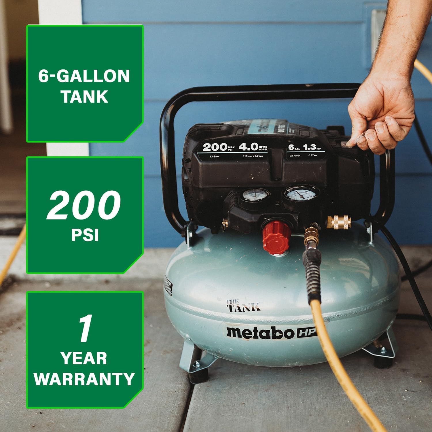 Metabo HPT Air Compressor, THE TANK™, Portable Pancake Air Compressor 200 PSI, 6 Gallon Air Compressor Tank, Versatile for Use with Framing, Siding, Finish, Brad or Roofing Nailers, EC914S3