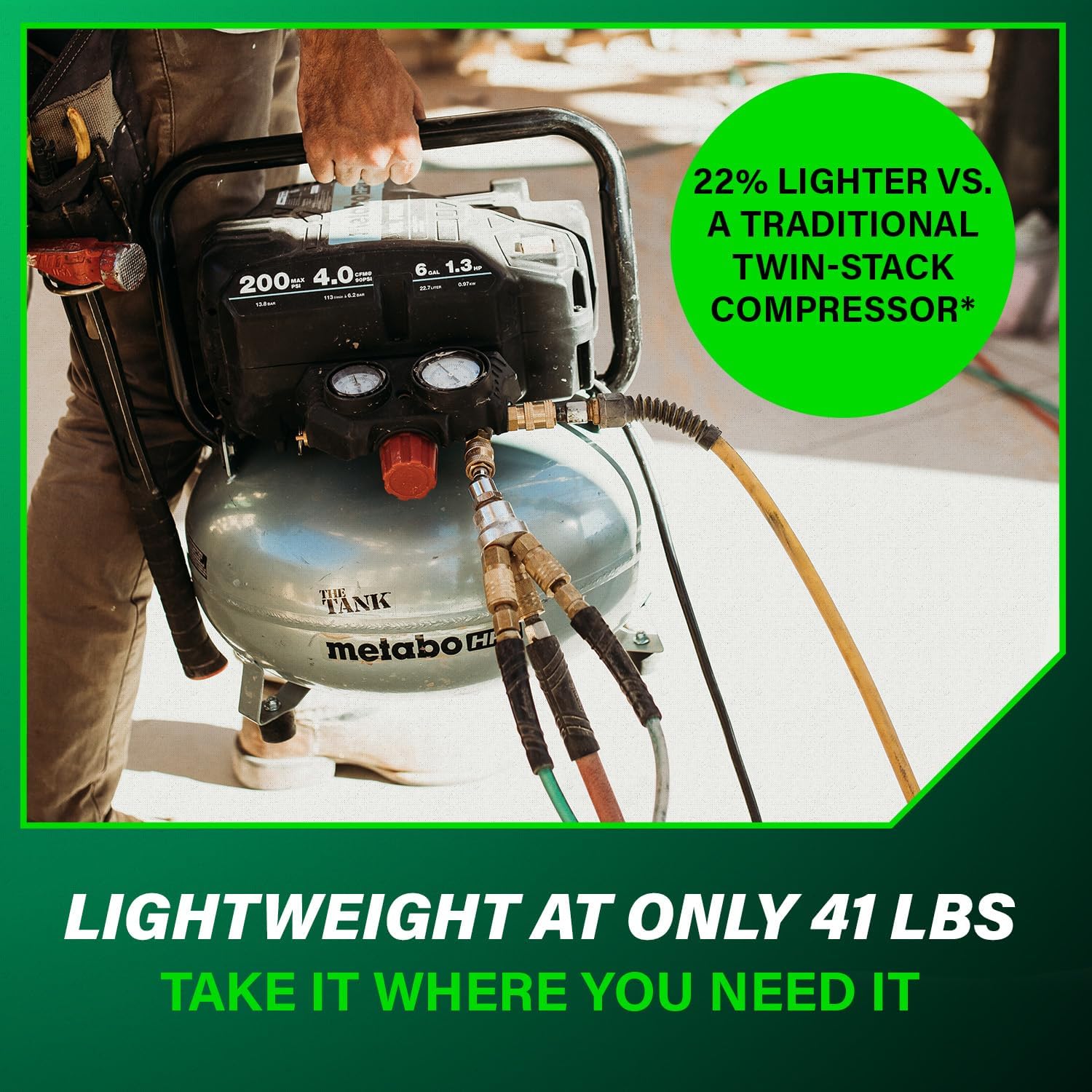 Metabo HPT Air Compressor, THE TANK™, Portable Pancake Air Compressor 200 PSI, 6 Gallon Air Compressor Tank, Versatile for Use with Framing, Siding, Finish, Brad or Roofing Nailers, EC914S6