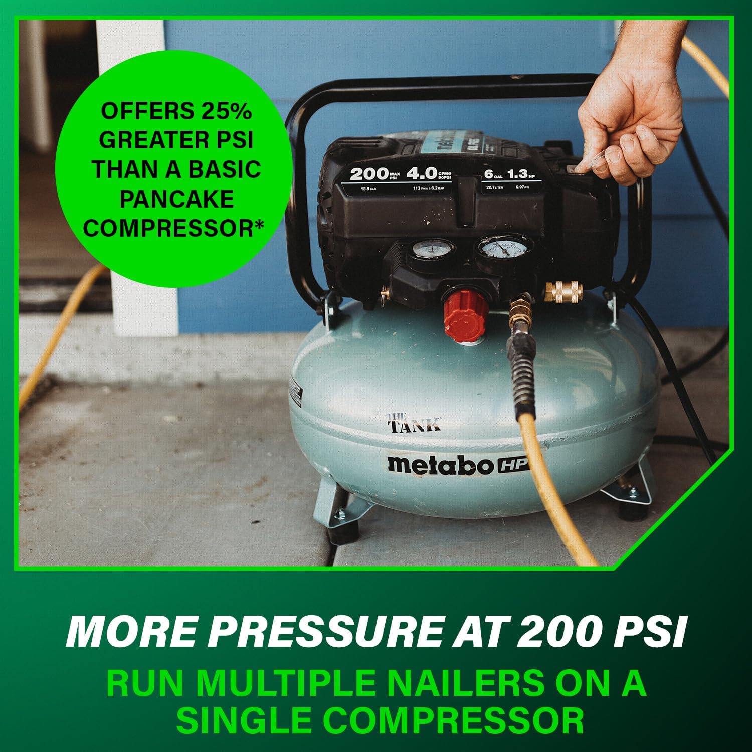 Metabo HPT Air Compressor, THE TANK™, Portable Pancake Air Compressor 200 PSI, 6 Gallon Air Compressor Tank, Versatile for Use with Framing, Siding, Finish, Brad or Roofing Nailers, EC914S8