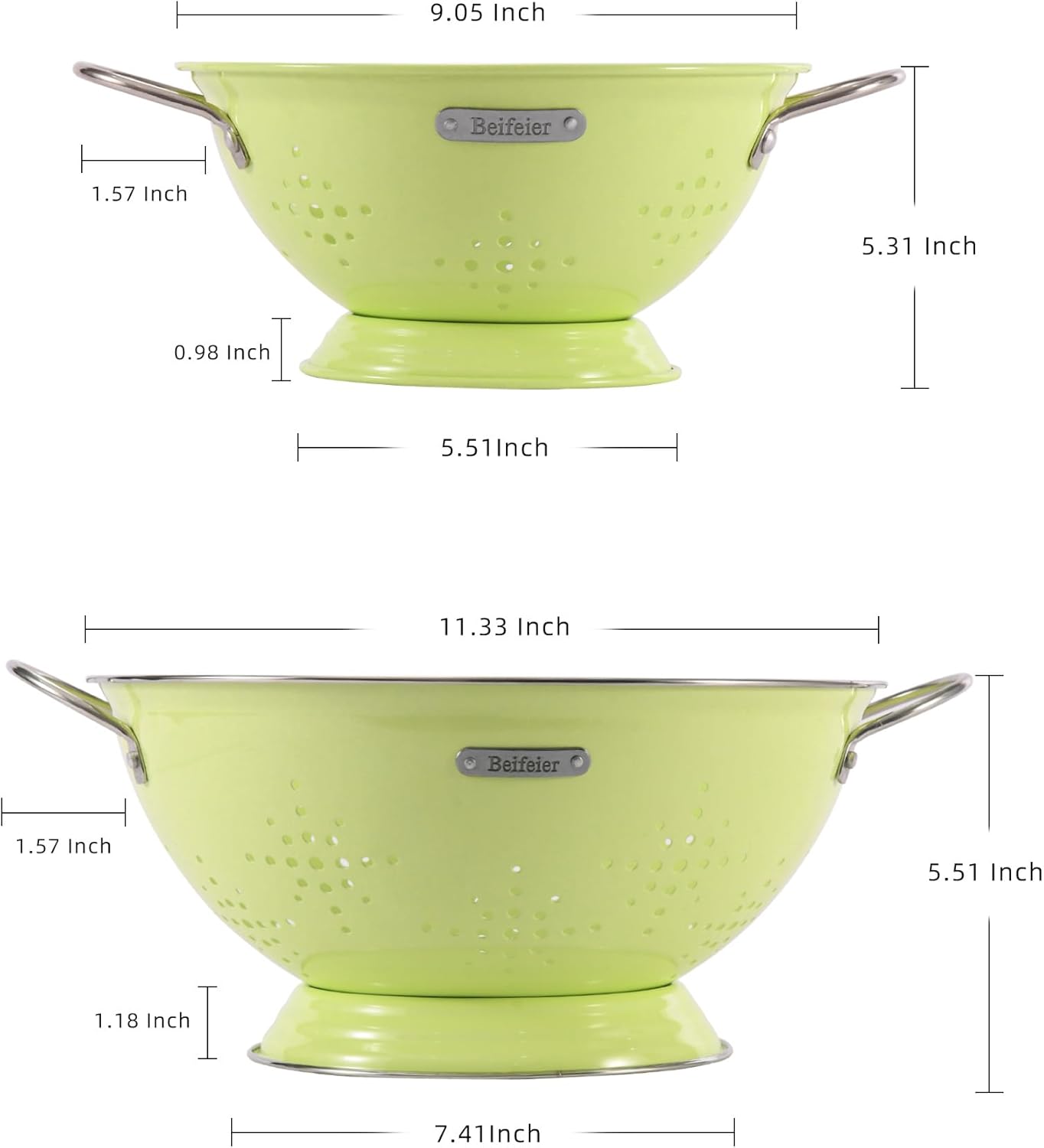 Metal Colander 2 Pack, Strainer Bowel with Handles 2Qt & 6Qt Powder Coated Solid Ring Base Heavey Duty Kitchen Drainer Basket for Pasta Veggies and Fruits,New Home Apartment Essentials (LightGreen)1