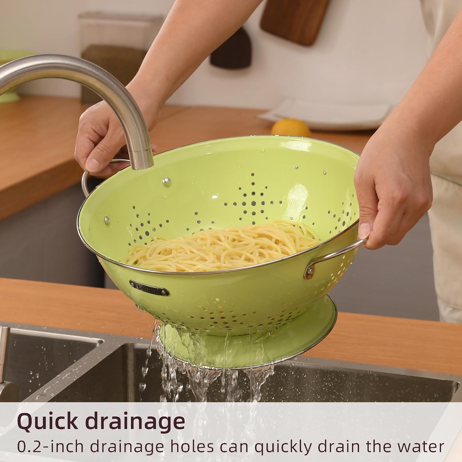 Metal Colander 2 Pack, Strainer Bowel with Handles 2Qt & 6Qt Powder Coated Solid Ring Base Heavey Duty Kitchen Drainer Basket for Pasta Veggies and Fruits,New Home Apartment Essentials (LightGreen)4