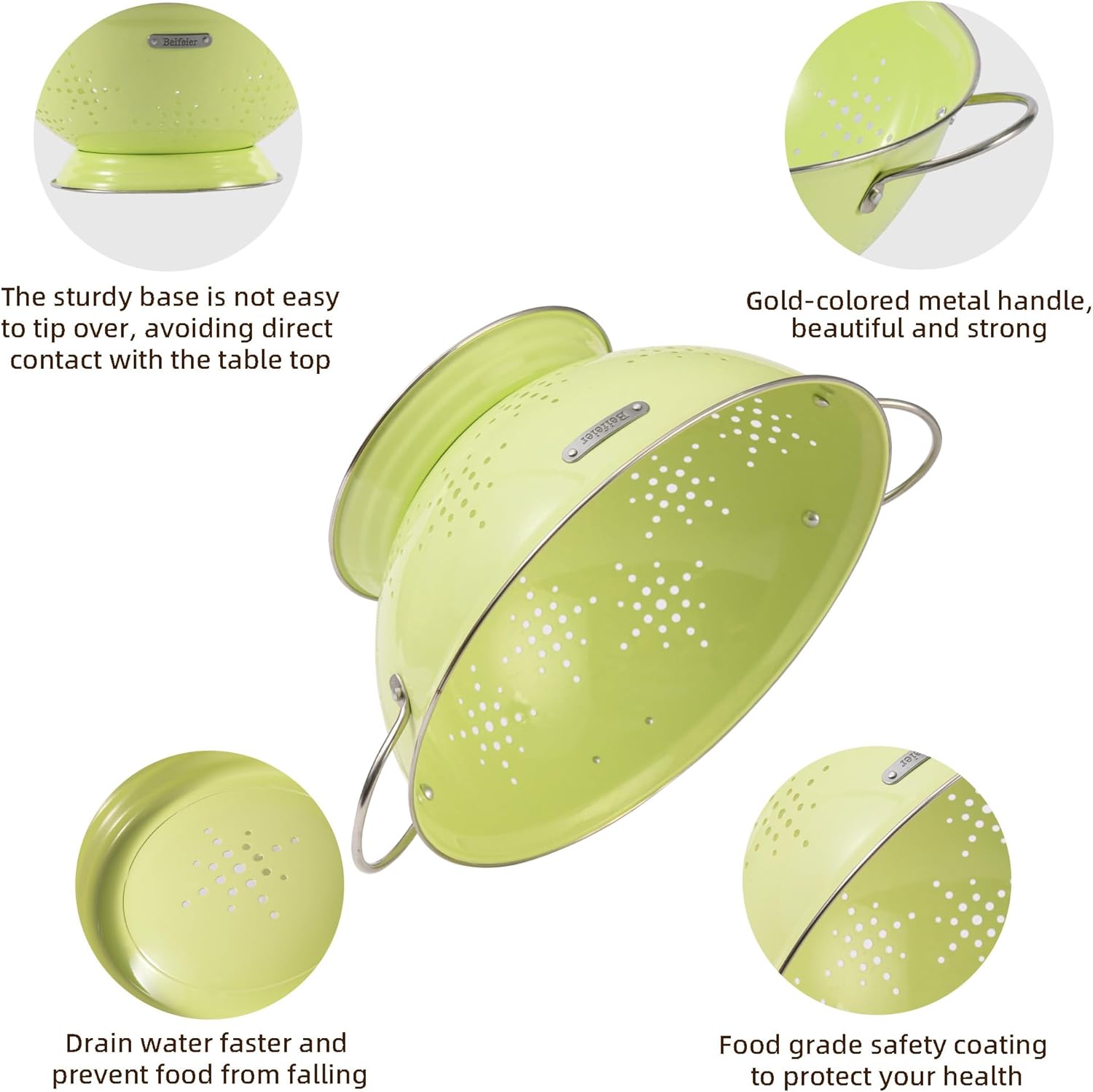 Metal Colander 2 Pack, Strainer Bowel with Handles 2Qt & 6Qt Powder Coated Solid Ring Base Heavey Duty Kitchen Drainer Basket for Pasta Veggies and Fruits,New Home Apartment Essentials (LightGreen)6