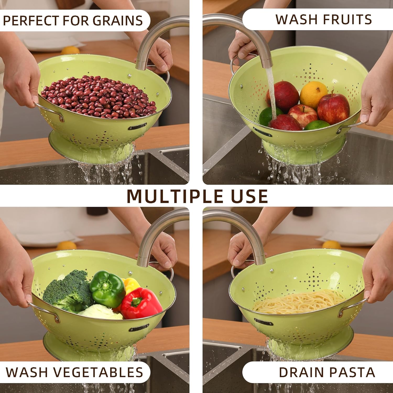 Metal Colander 2 Pack, Strainer Bowel with Handles 2Qt & 6Qt Powder Coated Solid Ring Base Heavey Duty Kitchen Drainer Basket for Pasta Veggies and Fruits,New Home Apartment Essentials (LightGreen)8
