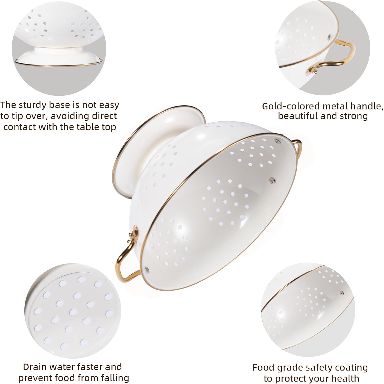 Metal Colander Set of 3, Strainer Basket with Handles perfect for Spaghetti, Pasta, Berry, Vegetable, Fruit, Solid Base Powder Coated Kitchen Essential Strainer Set, 1 & 3.5 & 5 Qt (Cream)4