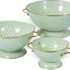 Metal Colander Set of 3, Strainer Basket with Handles perfect for Spaghetti, Pasta, Berry, Vegetable, Fruit, Solid Base Powder Coated Kitchen Essential Strainer Set, 1 & 3.5 & 5 Qt (Green)