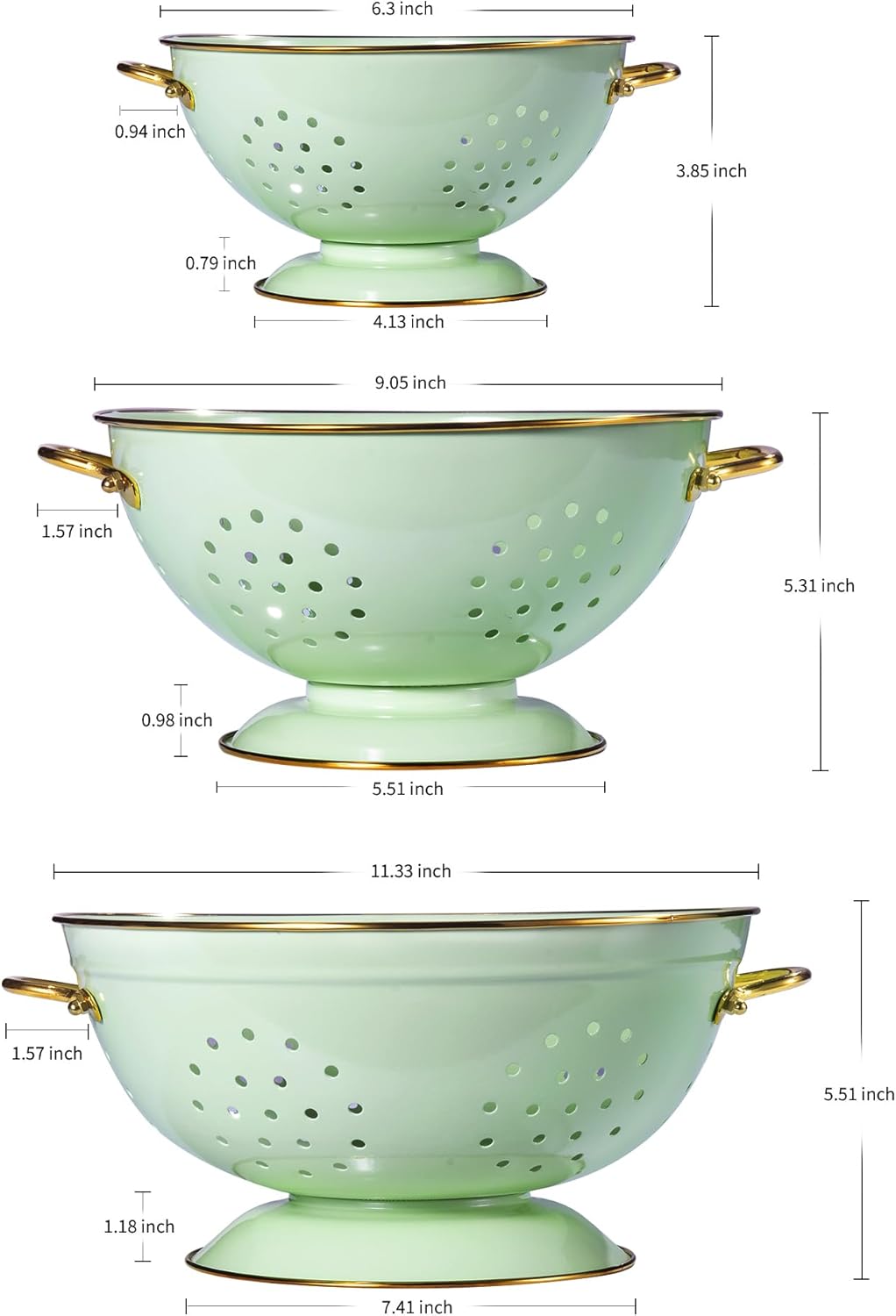 Metal Colander Set of 3, Strainer Basket with Handles perfect for Spaghetti, Pasta, Berry, Vegetable, Fruit, Solid Base Powder Coated Kitchen Essential Strainer Set, 1 & 3.5 & 5 Qt (Green)1