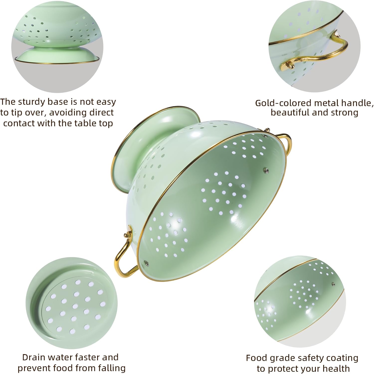 Metal Colander Set of 3, Strainer Basket with Handles perfect for Spaghetti, Pasta, Berry, Vegetable, Fruit, Solid Base Powder Coated Kitchen Essential Strainer Set, 1 & 3.5 & 5 Qt (Green)7