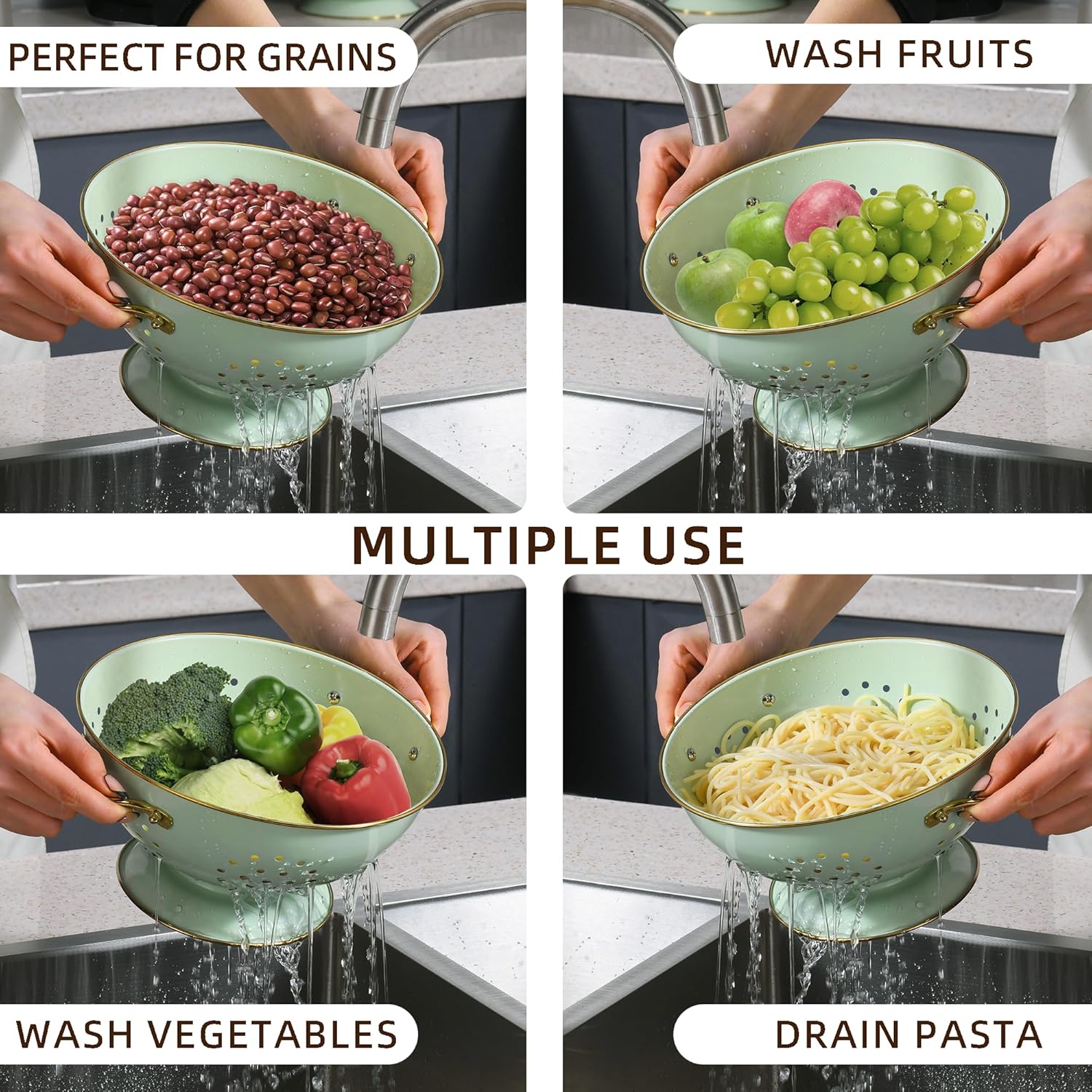 Metal Colander Set of 3, Strainer Basket with Handles perfect for Spaghetti, Pasta, Berry, Vegetable, Fruit, Solid Base Powder Coated Kitchen Essential Strainer Set, 1 & 3.5 & 5 Qt (Green)9