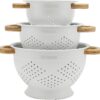 Metal Colander with Wood Handle | Set of 3 with Bamboo Handles | 1.5Q, 3Q, 5Q (Light Icing White)