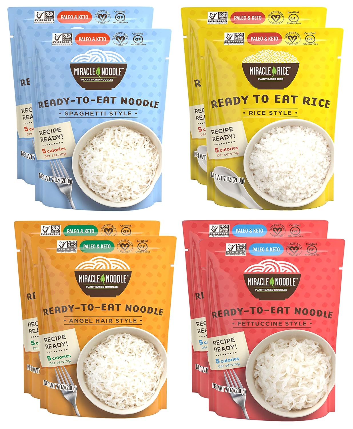 Miracle Noodle Variety Pack (Angel Hair, Fettuccine, Spaghetti & Rice) - Ready-To-Eat, Shirataki Noodles, Shirataki Rice, Keto, Gluten Free, Low Carb, Low Calorie, Konjac Noodles - 2 Bags Each, 8-Pack Miracle Noodle Variety Pack (Angel Hair, Fettuccine, Spaghetti & Rice) - Ready-To-Eat, Shirataki Noodles, Shirataki Rice, Keto, Gluten Free, Low Carb, Low Calorie, Konjac Noodles - 2 Bags Each, 8-Pack