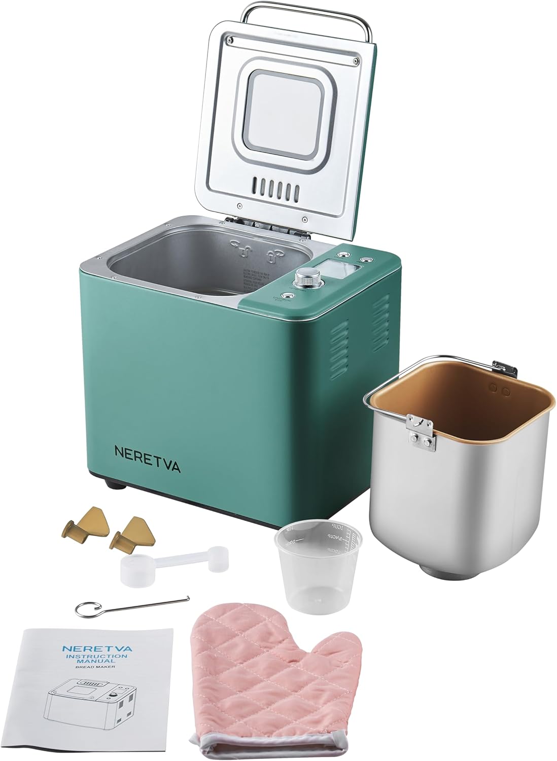 Neretva 20-IN-1 Bread Maker, Dual Heater 2LB Bread Machine Metal Material & Nonstick Ceramic Pan Compact Bread Maker Machines with Gluten Free White Wheat Rye French Pizza Breadmaker Recipe- Green09
