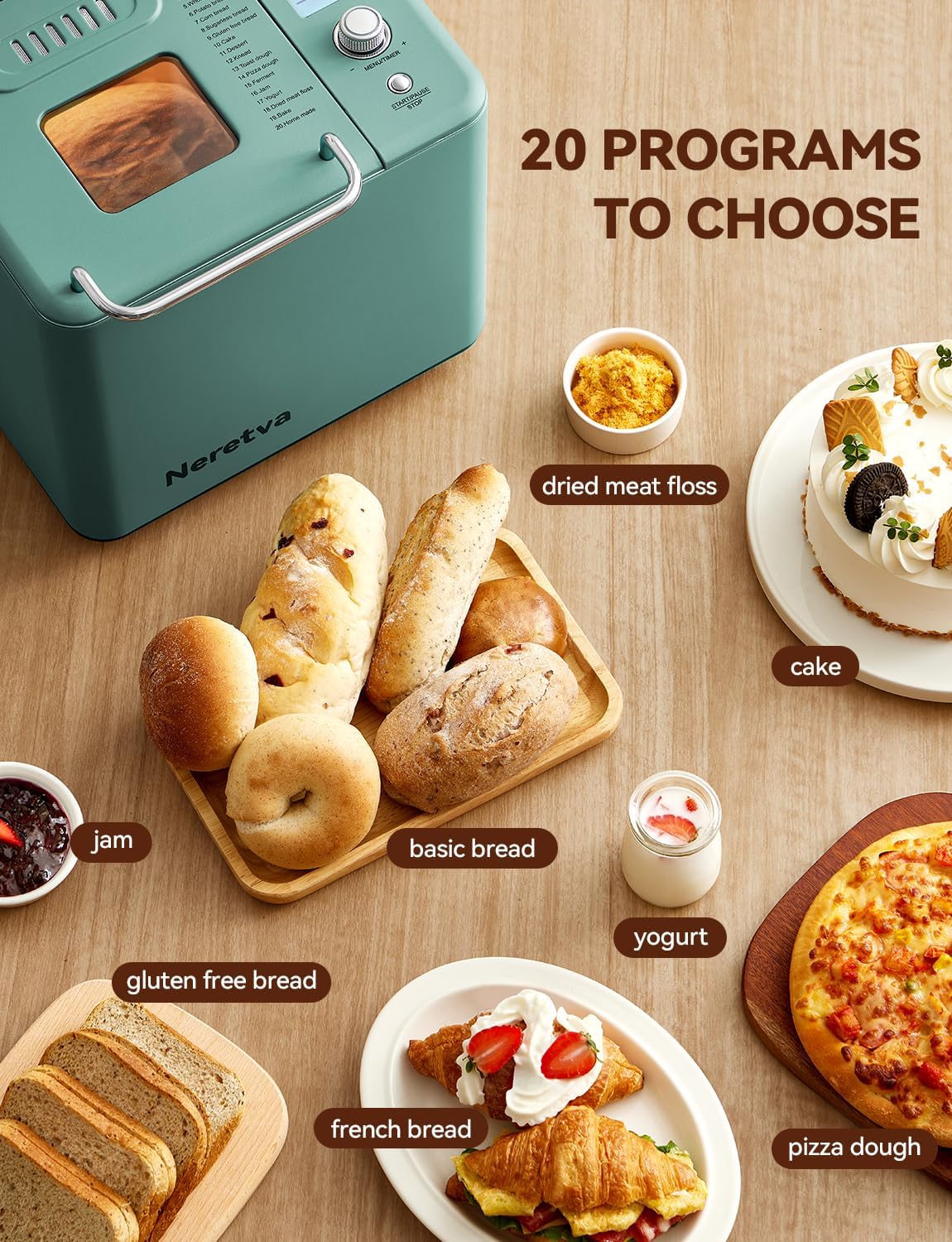 Neretva 20-IN-1 Bread Maker, Dual Heater 2LB Bread Machine Metal Material & Nonstick Ceramic Pan Compact Bread Maker Machines with Gluten Free White Wheat Rye French Pizza Breadmaker Recipe- Green1