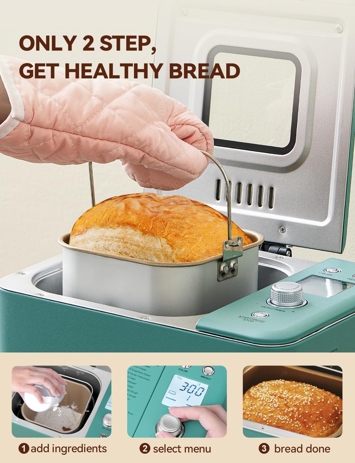 Neretva 20-IN-1 Bread Maker, Dual Heater 2LB Bread Machine Metal Material & Nonstick Ceramic Pan Compact Bread Maker Machines with Gluten Free White Wheat Rye French Pizza Breadmaker Recipe- Green4