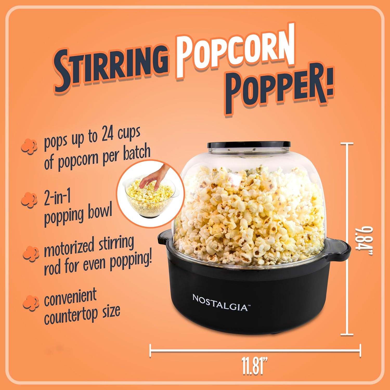 Nostalgia 6-Quart Stirring Popcorn Popper - Quick-Heat Technology - Makes 24 Cups of Popcorn - Includes Kernel Measuring Cup - Perfect for Birthday Parties, Movie Nights, and More - Black1