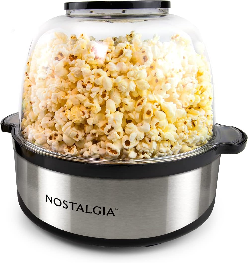 Nostalgia 6-Quart Stirring Popcorn Popper - Quick-Heat Technology - Makes 24 Cups of Popcorn - Includes Kernel Measuring Cup - Perfect for Birthday Parties, Movie Nights, and More - Stainless Steel Nostalgia 6-Quart Stirring Popcorn Popper - Quick-Heat Technology - Makes 24 Cups of Popcorn - Includes Kernel Measuring Cup - Perfect for Birthday Parties, Movie Nights, and More - Stainless Steel