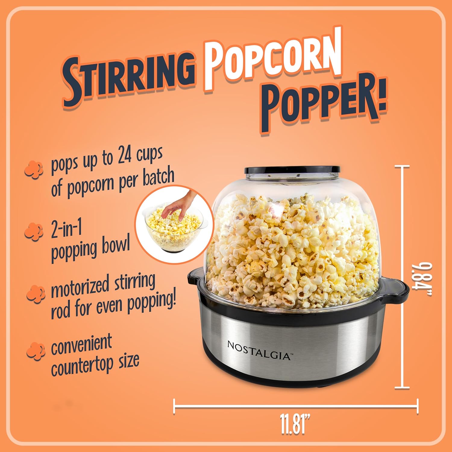 Nostalgia 6-Quart Stirring Popcorn Popper - Quick-Heat Technology - Makes 24 Cups of Popcorn - Includes Kernel Measuring Cup - Perfect for Birthday Parties, Movie Nights, and More - Stainless Steel1