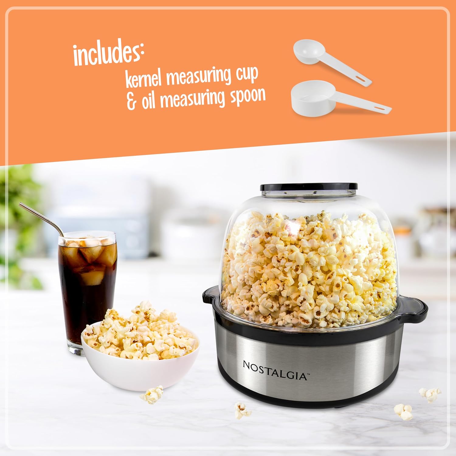 Nostalgia 6-Quart Stirring Popcorn Popper - Quick-Heat Technology - Makes 24 Cups of Popcorn - Includes Kernel Measuring Cup - Perfect for Birthday Parties, Movie Nights, and More - Stainless Steel3