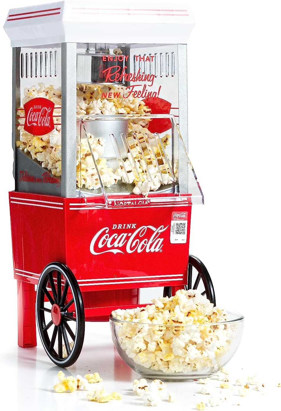 Nostalgia Maker 12 Cups Coca-Cola Hot Air Popcorn Machine with Measuring Cap, Oil Free, Vintage Movie Theater Style, White and Red Nostalgia Maker 12 Cups Coca-Cola Hot Air Popcorn Machine with Measuring Cap, Oil Free, Vintage Movie Theater Style, White and Red