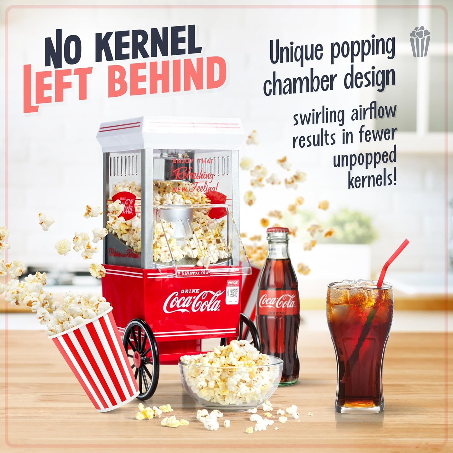 Nostalgia Maker 12 Cups Coca-Cola Hot Air Popcorn Machine with Measuring Cap, Oil Free, Vintage Movie Theater Style, White and Red1