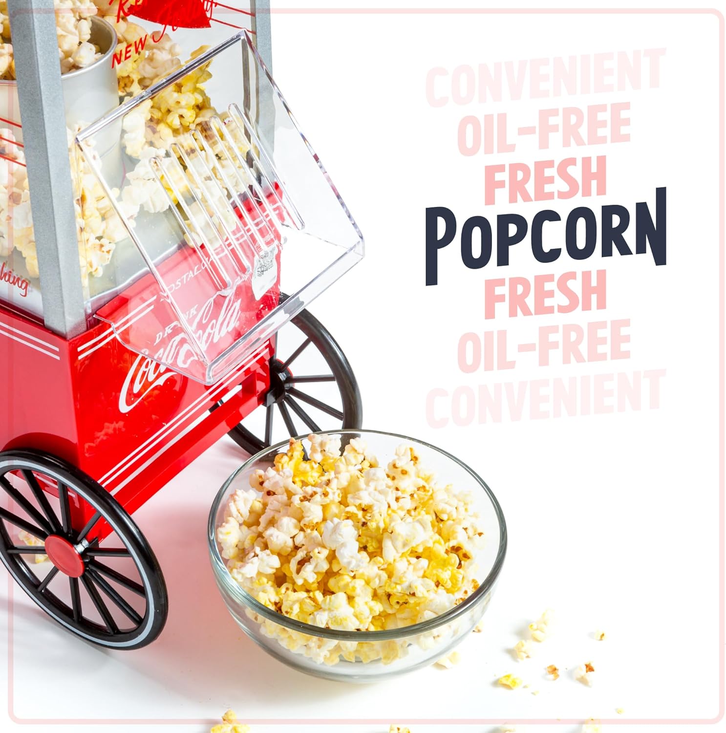 Nostalgia Maker 12 Cups Coca-Cola Hot Air Popcorn Machine with Measuring Cap, Oil Free, Vintage Movie Theater Style, White and Red4